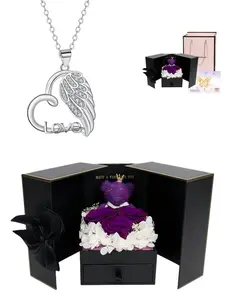 "Heart Wing Oath" vintage heart-shaped necklace with angel wings and "LOVE" inlaid design, paired with a cute pink rose bear gift box. It is an ideal mysterious gift for festivals, dates, birthdays for your wife or daughter, and Valentine's Day.