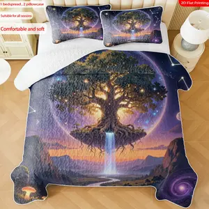 3pcs, 2D Flat Print Celestial Enchanted Tree Quilted Bedspread Set, Dreamy Starry Night Sky Design, Soft Comfort Bedding, Multiple Sizes, Festive Decorative Bedroom s(1 bedspread , 2 pillowcase)