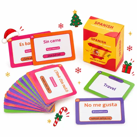 Christmas Gift Spanish Conversational Phrase Flash Cards - 100 Beginner Sayings for Travel, Memory, Quick Reference - Educational Language Learning Resource - Game Like Play - Kids, Grade School, Classroom Homeschool
