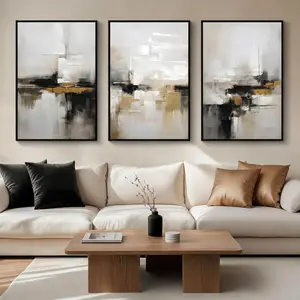 Abstract Neutral Wall Art Black and Brown Grunge Framed Mid Century Modern Wabi Sabi Textured Canvas Painting Artwork for Living Room Bedroom Office- 3 Panels, 16x24 Inch, Ready to Hang