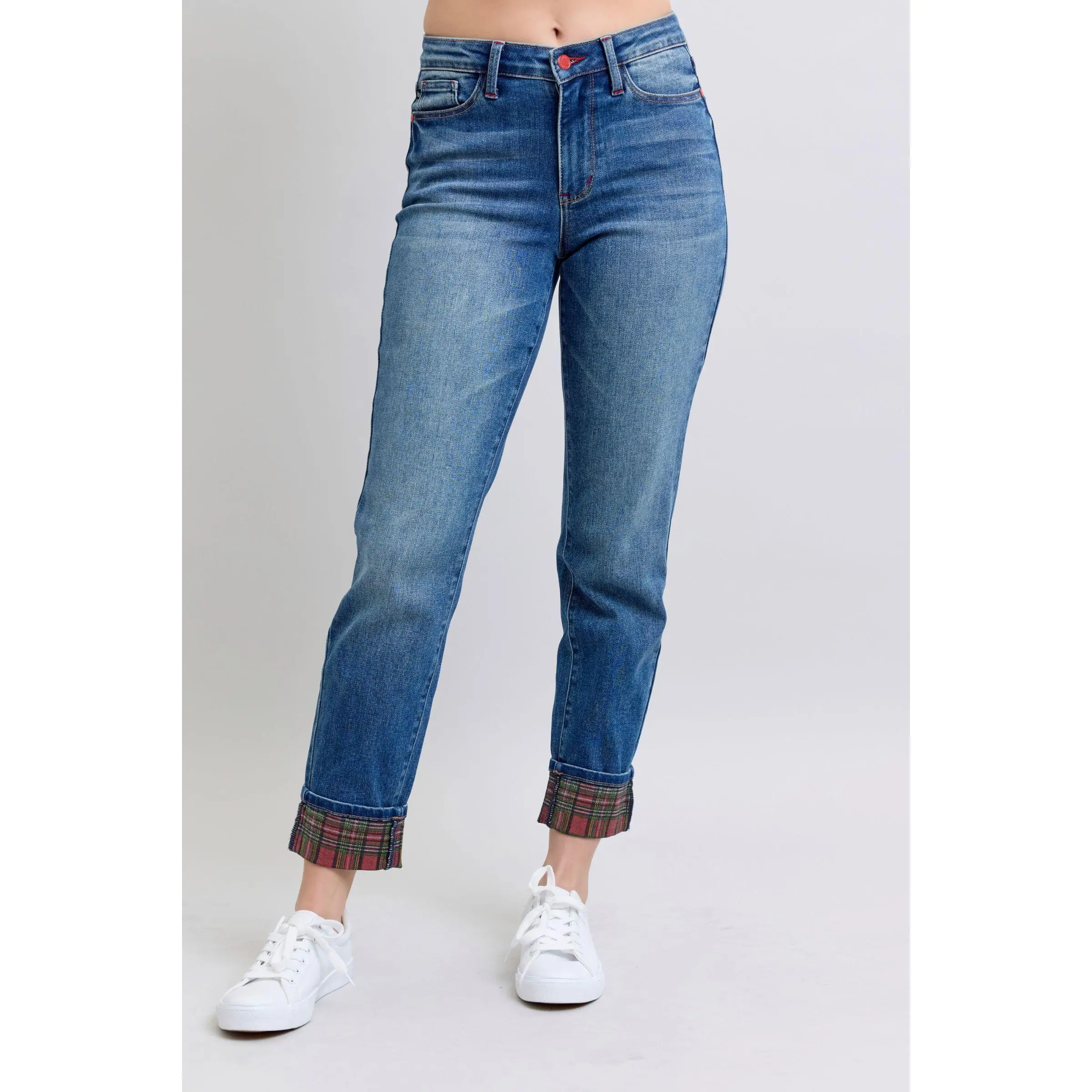 Judy Blue Full Size Plaid Print Cuff Straight Leg Jeans with Pockets