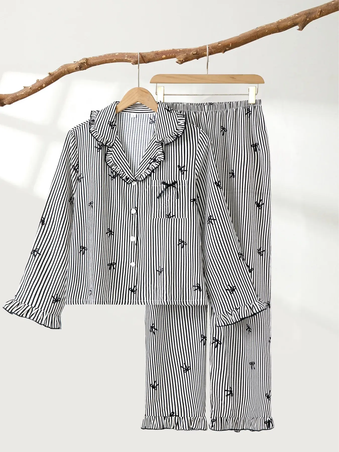 Women's Striped Bow Pattern Sleepwear Set, Soft Comfortable Home Wear, Fashion Earflap Trim, 2 Piece Pajama Set Loungewear Homewear