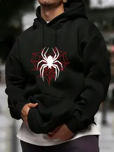 Spider Graphic Hoodie Men’s Black Pullover Sweatshirt for Night Out Streetwear, Edgy Urban Style & Gothic-Inspired Fashion