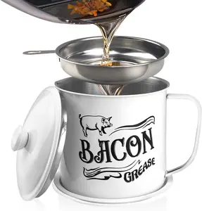 1.3L Bacon Grease Saver Container with Fine Mesh Strainer,Stainless Steel Oil Keeper Can for Bacon,46oz Large Rustic Farmhouse Fat Container, Keeper, Recipes, Dishwasher Safe, White