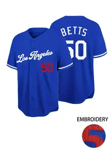 Men's "Los Angeles" Embroidery Baseball Jersey, Loose V-Neck Short Sleeve Button-Up Sportwear, Sports Clothing Suitable For Street Hip-Hop, Baseball, Golf Training, Golf Attire, Sports Top, Streetwear