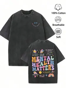 1pc Mental Health Matters T-Shirt Vintage Washed Oversized 100% Cotton Groovy Retro Statement Graphic Tee Unisex End The Stigma Kindness Aesthetic Streetwear Top