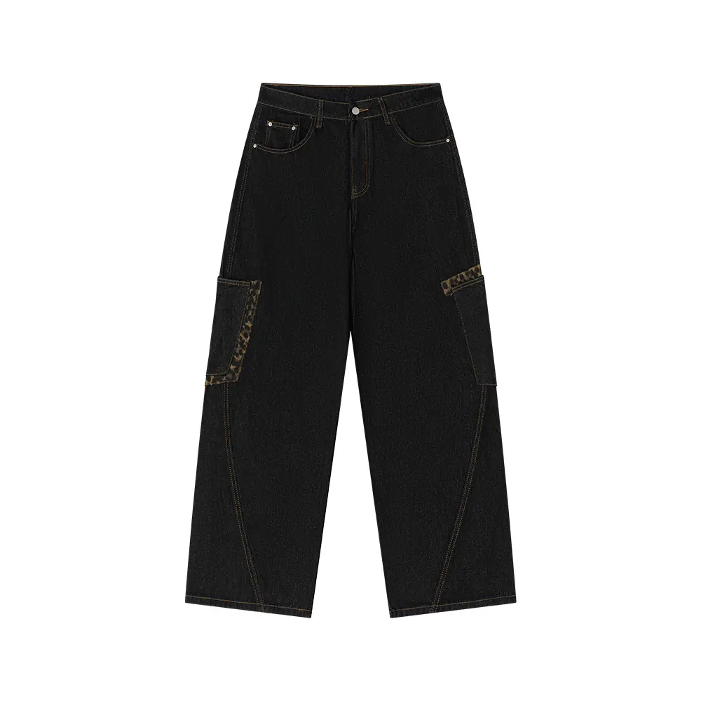 Men's Vintage Leopard Print Patchwork Cargo Jeans - Menswear Wide-Leg Relaxed-Fit Denim Pants with Pockets, Casual Baggy Trousers for Everyday Loungewear & Back to School