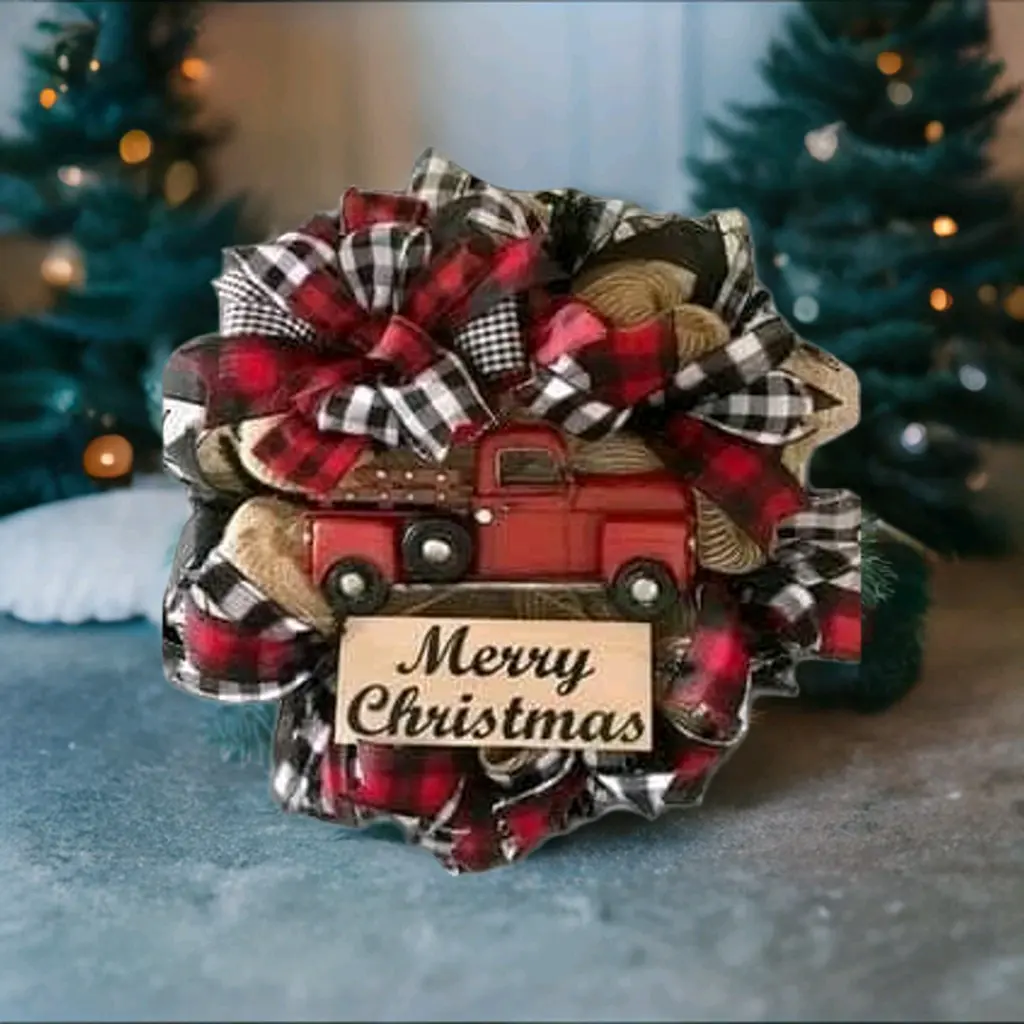 large Christmas wreath with vintage truck Durable Colorful Decoration Durable farmhouse wall hanger porch full large handmade beautiful Door Ornaments Gift Round littleredtruckchristmastree