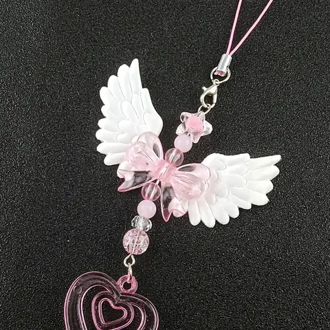 Lovely Wings Bow Heart Mobile Strap Phone Pendant Chain Phone Charms Phone Chains Cell Phone Accessories Phone Decoration for Girls Women Fashion Sweet Bags Decorative Accessories Gifts Cellphone Accessories