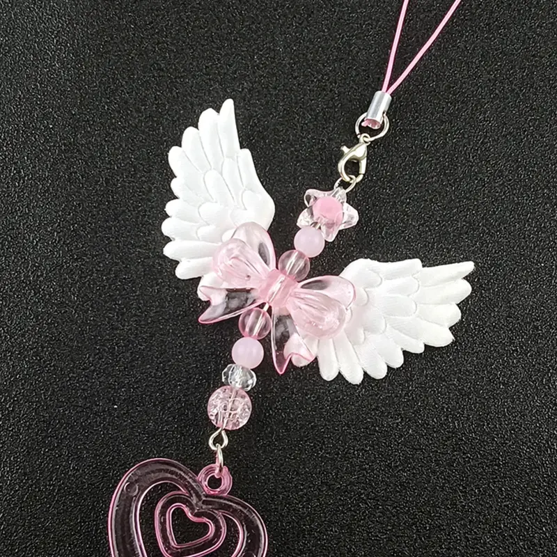 Lovely Wings Bow Heart Mobile Strap Phone Pendant Chain Phone Charms Phone Chains Cell Phone Accessories Phone Decoration for Girls Women Fashion Sweet Bags Decorative Accessories Gifts Cellphone Accessories