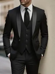 Elegant Men'S 3pcs Suit - Slim Fit Tuxedo Set for Weddings & Formal Occasions, Black Suit with White Shirt & Pants, Perfect for Office Meetings and Elegant Events, Formal Attire|Slim Fit Suit|Durable Wedding Wea