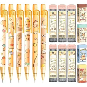Cute Capybara Mechanical Pencil Set,6Pcs 0.5mm Capybara Mechanical Pencils with 600 count 0.5mm Pencil Leads,4Pcs Capybara Erasers,Kawaii Cartoon Pencils for Office School Supplies
