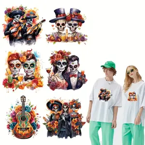 6 Pieces Mexican Folk Art Iron On Transfers - Day of the Dead Catrina Skeleton with Floral Pattern, Diy Flower Decor, Handcraft, Vinyl Fabric Heat Transfer Stickers for T Shirts, Bags, Jackets, Caps - Machine Washable DIY Material