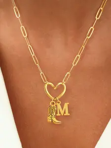 Heart Shaped Initial Western Cowboy Boot Pendant Necklace for Women, Classic Stainless Steel Chain, Casual Style All Seasons, Initial Necklace Jewelry, Initial Letter Necklace