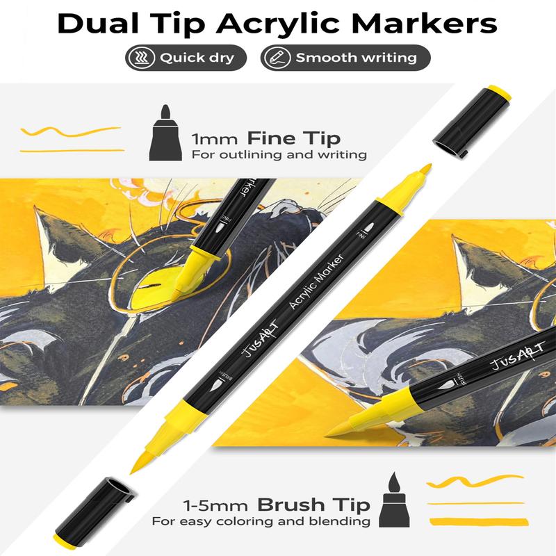 [JusArt] 60/36/24 Colors Dual Tip Acrylic Paint Pens Markers, Brush and Fine Tip, Premium Paint Pens for Various Surfaces, Acrylic Paint Markers, Markers for Coloring, Art Supplies, Acrylic Marker, Coloring Supplies