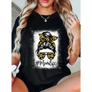 100% Cotton Bleached Vintage Short-Sleeve Casual Lady T-Shirt, Everyday Sunflower Mom Life Tee for Mother's Day, Summer Vibes Sports Top
