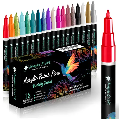 Acrylic Paint Markers 18 Colors with 4 Metallic and 4 Glitter Pens, 0.7mm Fine Tip Paint Pens for Rock Painting, Wood, Glass, Ceramic, Fabric, Metal and Canvas, Non-Toxic Water-Based Art Marker Set for Kids and Adults