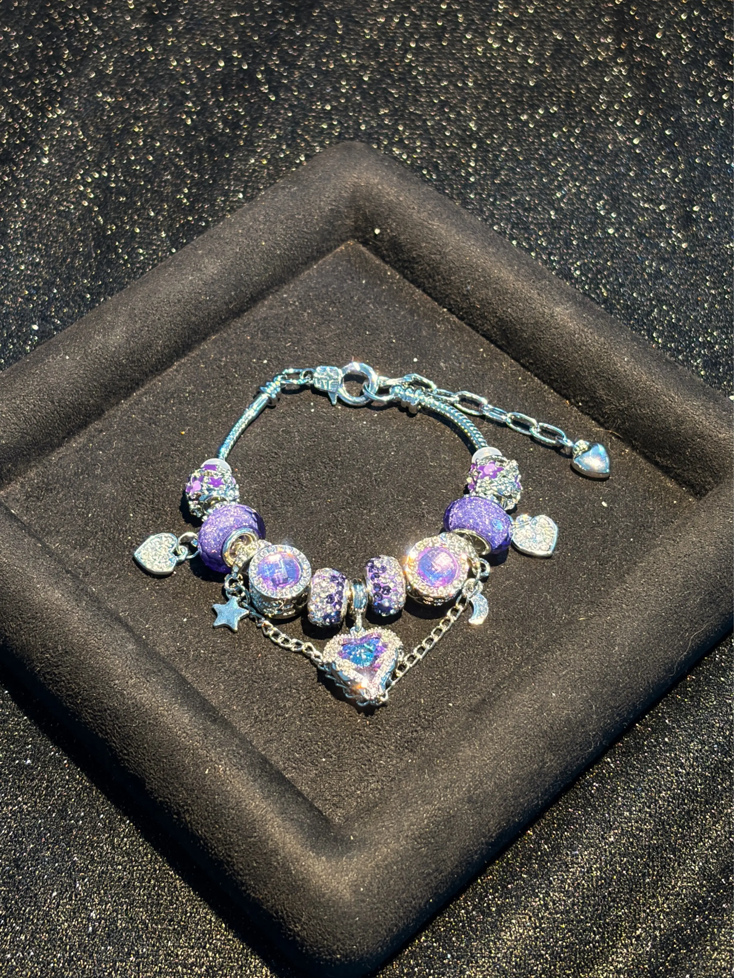 Silver Tone Purple Crystal Charm Bracelet for Women, Star Moon Heart Pendant Beaded Snake Chain Bracelet, Sparkly Rhinestone Stackable Hand Jewelry, Elegant Romantic Bracelet for Daily Party Wear Gift for Her