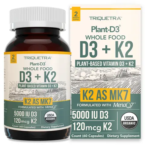 Organic Plant D3 + K2 Capsules - 5000 IU D3 + 120 mcg K2 (MenaQ7) - Whole Food, Vegan - Enhanced Digestion with Prebiotic Superfood Complex Natural