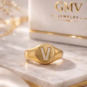 GMV Jewelry Signature Initial Pinky Ring 14k Gold Plated with Cubic Zirconia for Women and Men Elegant Stylish Accessories