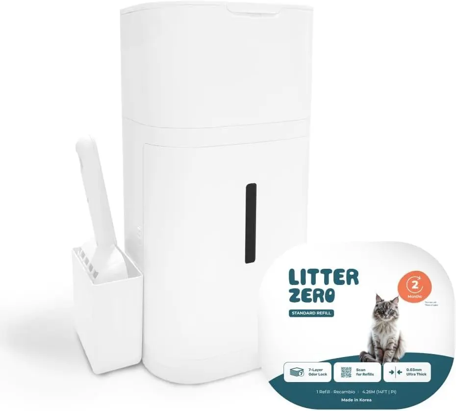 Premium Cat Litter Disposal System, White, Smart Waste Management Bin with Standard Refill, 7-Layer Odor Lock Technology, Made in Korea (1) Gift