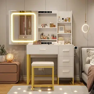 Vanity Desk with Lights and Power Outlets - Makeup Table Charging Station - 3 Color LED Mirror/4 Drawers/Storage Shelves/Hair Dryer Holder/Stool - White