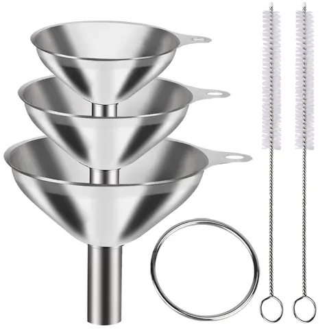 Metal Stainless Steel Funnel, Large Medium Small Funnel Set of 3, Food Grade Mini Funnels for Kitchen Use Filling Bottles Flask Cooking, 2 Brushes