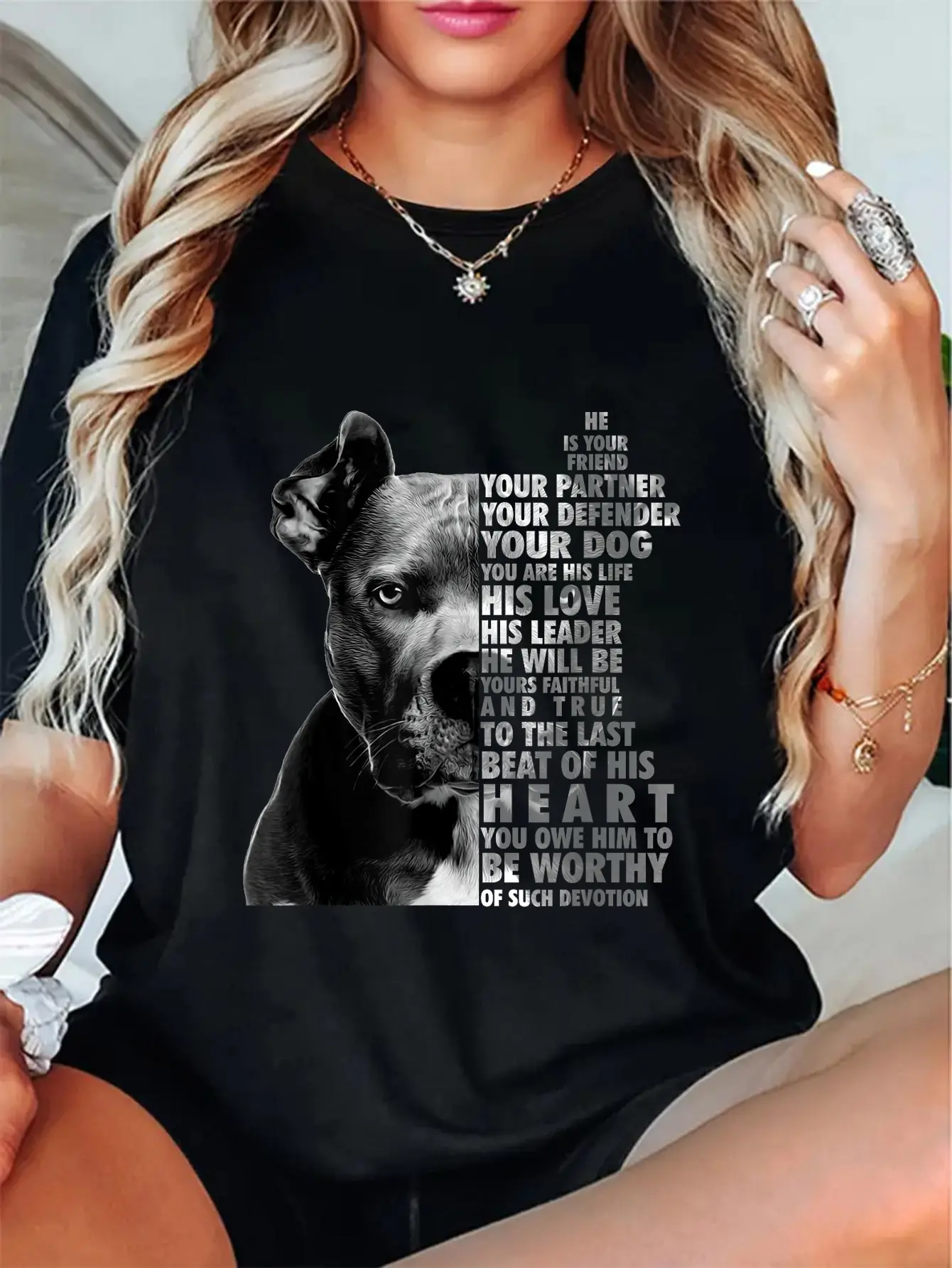 Women's 100% Cotton Short-Sleeve Round Neck Casual Everyday Graphic T-Shirt - Unisex Pitbull Dog Lover Apparel with "He Is Your Friend, Your Partner, Your Defender" Design, Shortsleeve, Top, Tshirt, Vintage, Distressed