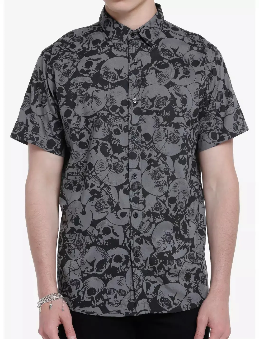 Skeleton Black & Dark Grey Woven Button-Up Shirt 100% Rayon Unique Design for Versatile Styling Menswear Top
