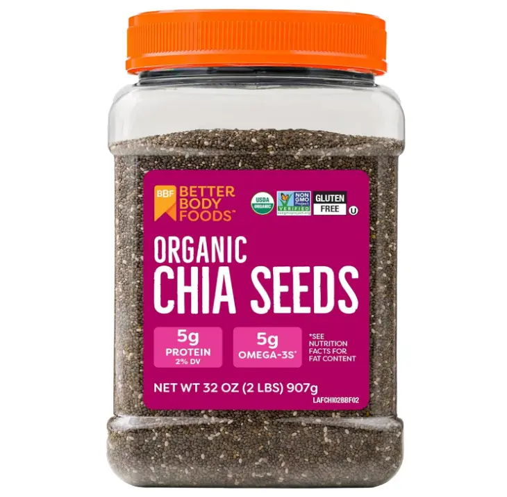 BBF Organic Chia Seeds 32 Oz, Omega-3 & Fiber, Pudding, Smoothies, Oatmeal | High Fiber Chia Seeds, Omega 3s, Plant-Based Protein, Overnight Oats, Egg Replacement for Baking, BetterBody Foods