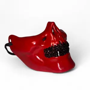 Red Half Skull Mask With Blinged Out Jet Black Grillz