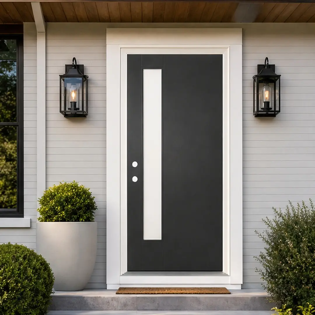 36x80 Fiberglass Front Door with White PVC Frame Right-Hand Inswing Exterior Entry Door with Brickmould Contemporary Smooth Skin Frosted Glass Black for Home Entrance Durable Weatherproof Insulated, Black Color Options, Fiberglass Material