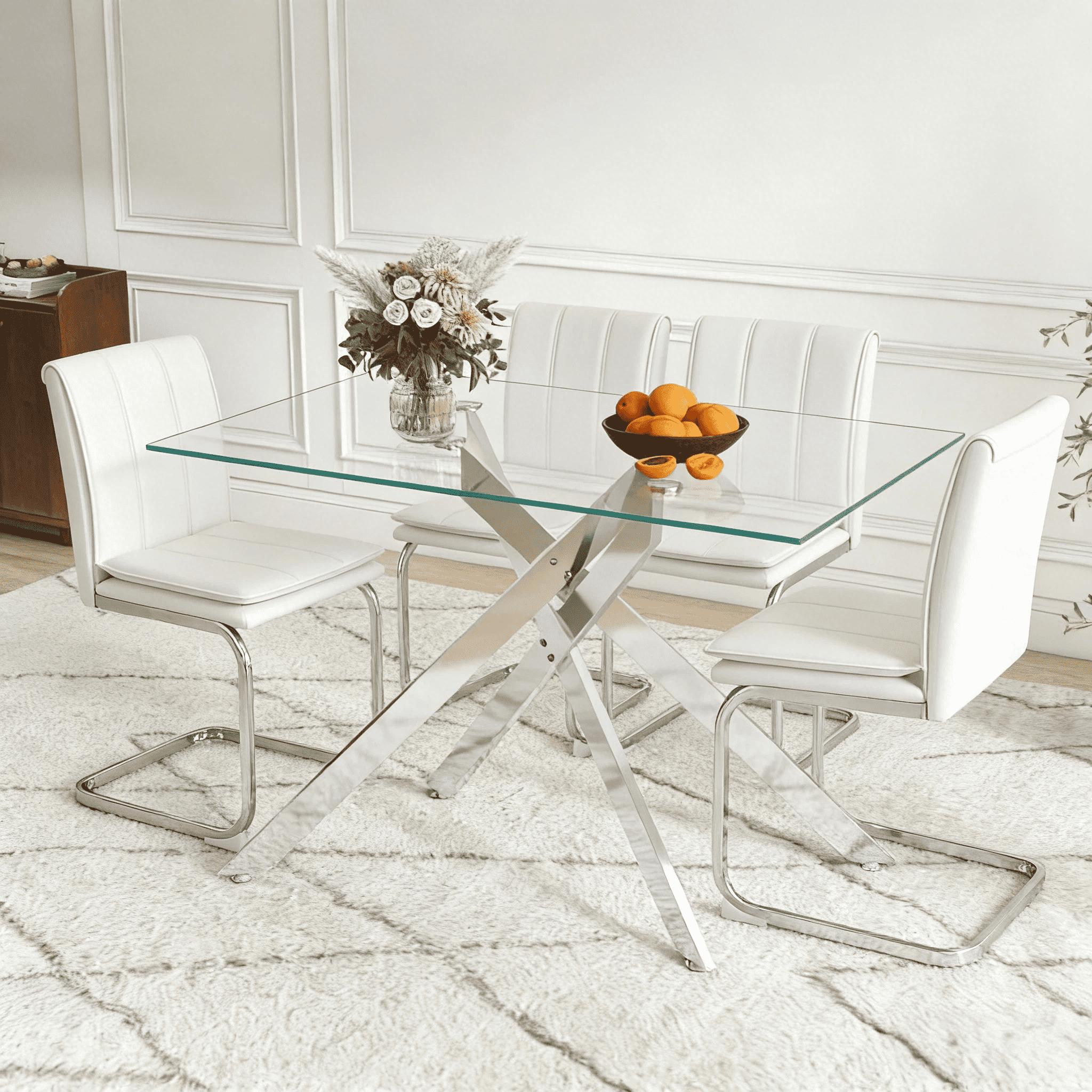 51.18 "Rectangular Glass Dining Table with Clear Tempered Glass, Golden Plated Tubular Metal Legs with Adjustable Leveling Feets, Kitchen Table for Dining Room,Dinner Table（ONLY TABLE）