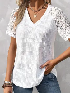 Women's V Neck Lace Patchwork Short Sleeve Top, Casual Loose Fit Fitted Waffle Texture Basic Tee, Elegant Aesthetic Lace Craftsmanship & Curved Hem Design, Womenswear Minimalist Lady