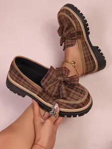 Women's Thick-Soled Bowknot Design Loafers, Comfortable Shoes, Wide Fit Round Toe Slip-On Casual Plaid Pattern Flats, Modern Style All-Season Footwear