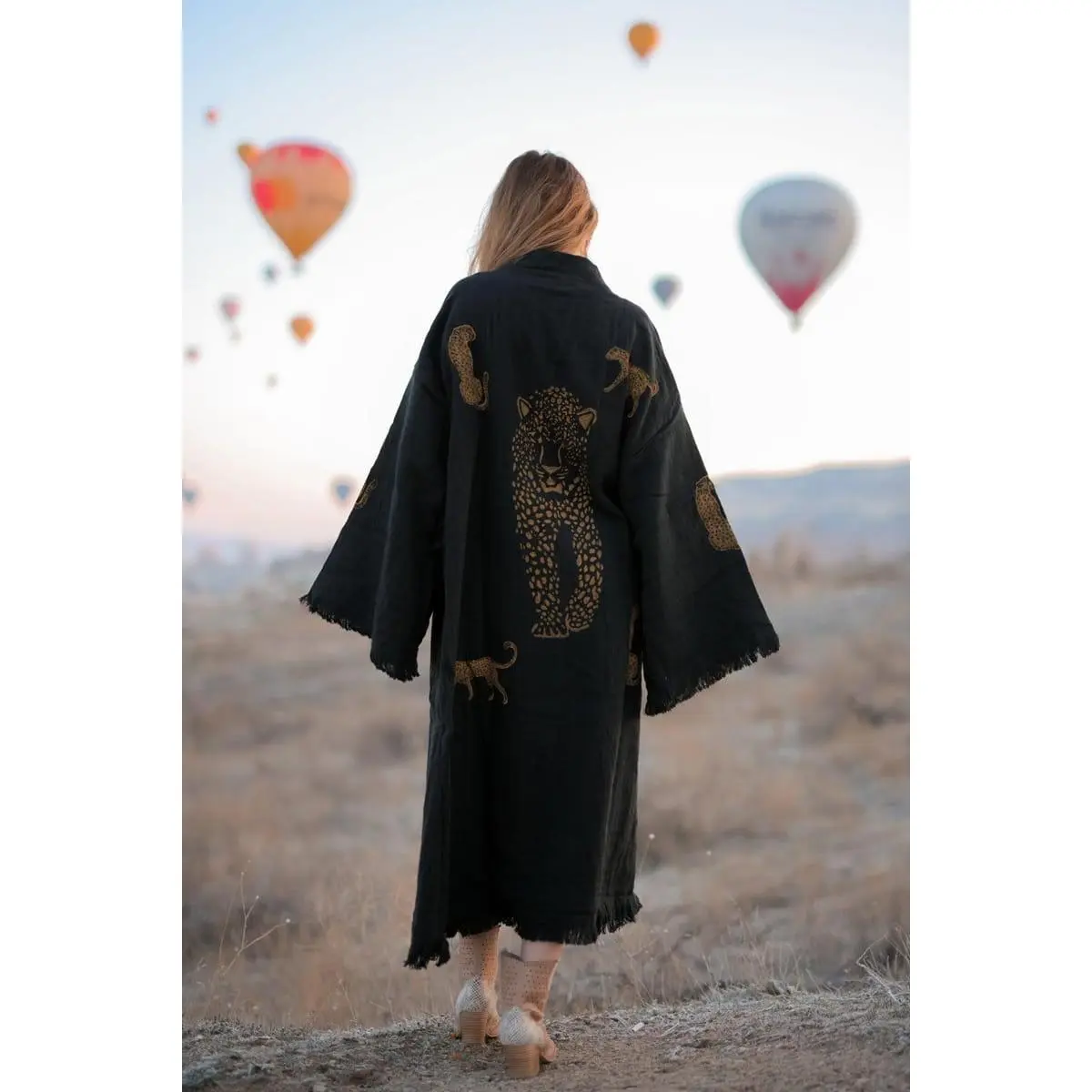 Women's Elegant Bohemian Sustainable Cotton Robe - Long Animal Print, Cinched Waist, Loose-Fitting Casual Kimono Robe Dress, Black, Cold Wash, Do Not Bleach