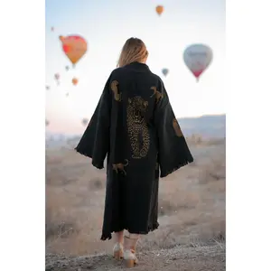 Moa Boho Tiger Long Kaftan Kimono- Black