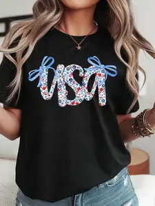 Women's Patriotic USA Flag Bowknot Alphabet Letter Printed T-Shirt - Soft Breathable Round Neck Short Sleeve Casual Top, 4th of July Independence Day Apparel, All-Season Comfort Tee, Holiday Attire, Playful Design, Skinfriendly Material
