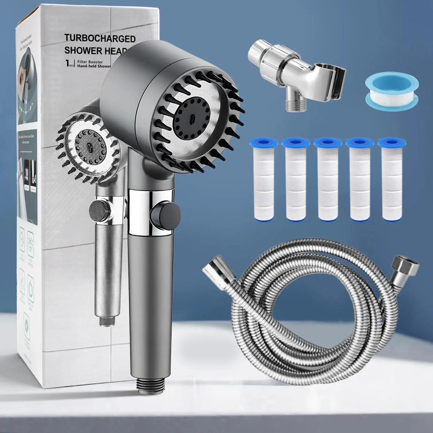 3-Setting Handheld Shower Head with Massage Function & Water Boost — Comes with 5 Filter Cartridges