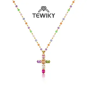 TEWIKY 14K Gold-Plated Gold Spacer Beads / Multicolor Cubic Zirconia Cross Pendant Necklace, Jewelry Necklace, Fashion Accessory Gift, Women's Everyday Casual Match Item