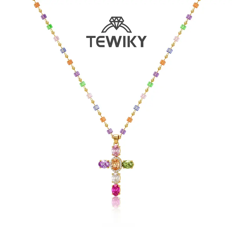 TEWIKY 14K Gold Plated Gold Spacer Beads / Multicolor Cubic Zirconia Cross Pendant Necklace, Jewelry Necklace, Fashion Accessory Gift, Women's Everyday Casual Match Item Back To School