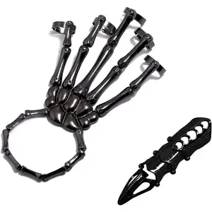 2Pcs Punk Halloween Adhere Hand Back Palm Skeleton Bracelets with Ring Gothic Wristband Skull Bone Joint Finger Cover for Women Girls Funny Cosplay Party Goth Jewelry