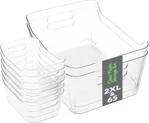 Set of 8 Clear Plastic Storage Bins, 2 Extra Large and 6 Small Storage Containers for Pantry Organization, Organizer Bins for Home, Kitchen, Cabinet, Bathroom, Fridge & Freezer
