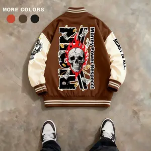 en's Baseball Jacket 100% Polyester Multi-Color Black Orange Coffee Gen Z, Street, Gang-Style, Skull & Money Graphic Print Varsity Coat Vintage Retro Classic Old School Casual Sports SWAG Streetwear Lined Winter Jacket Trendy Gift Menswear Tops