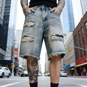 SRETOUU Vintage Distressed Ripped Men’s Loose Denim Shorts, Fitted with a Frayed Hem and Five Pockets Streetwear Blue
