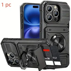 New iPhone Case for Models 17/16e/15/14/13 Pro Max Plus/11/air, Protective Flip Cover with Card Slot & 360° Rotating Ring Holder, Casing, Durable Tpu + PC Material