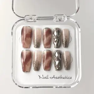 10-Piece Handmade Dazzling Diamond Dust Press-On Nails Set!  - Gradient Bliss with Extensive Gem Adornments for Glamorous Wearable Art!  Immerse yourself in the brilliance of shattered diamonds and sparkling gradients.