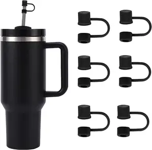 6PCS Silicone Straw Covers – Dust-Proof Reusable Straw Caps for Stanley Cup 30-40oz Tumblers with Handle, 10mm Straw Toppers (Black)