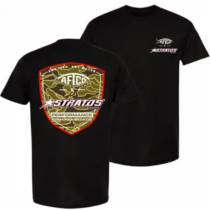 AFTCO x Stratos Boats Vintage Fishing Graphic T-Shirt – Camo Design, Unisex Soft Cotton Blend, Outdoor Streetwear Apparel
