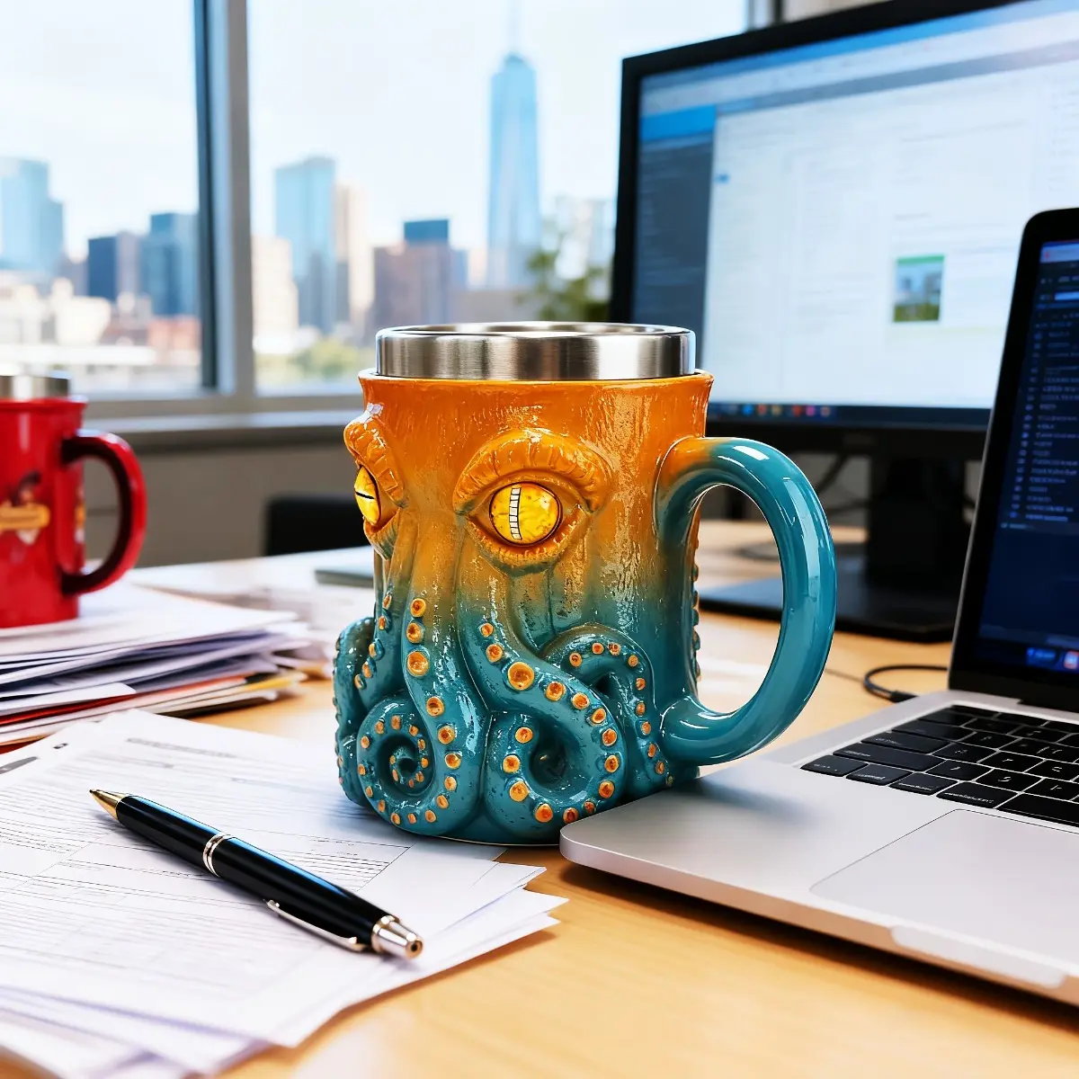 Deep Sea Octopus Themed Resin Cup, Creative Mug and Coffee Cup, Unique Ocean Style Beverage Cup for Home Office, Camping Travel, Desktop Decor and Photo Props, Textured 3D Sculpted Cup, Travel Coffee Mugs, Great for Friends, Coworkers and Ocean Lovers